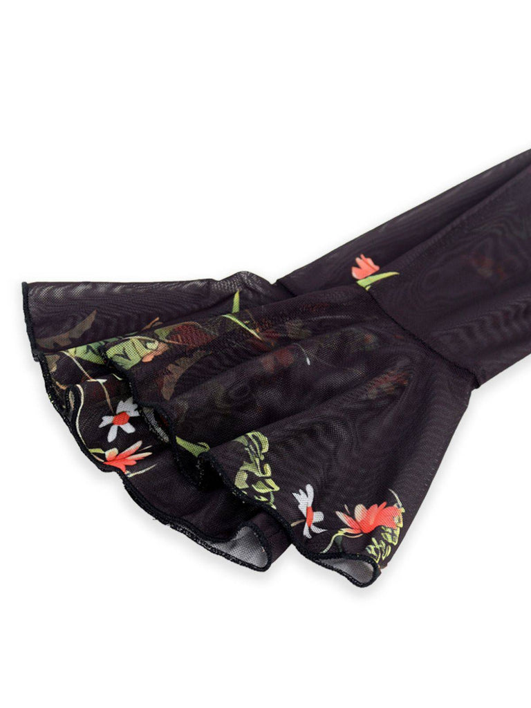 Rot 1930er Blumen Netz Rüschen Maxi Kleid