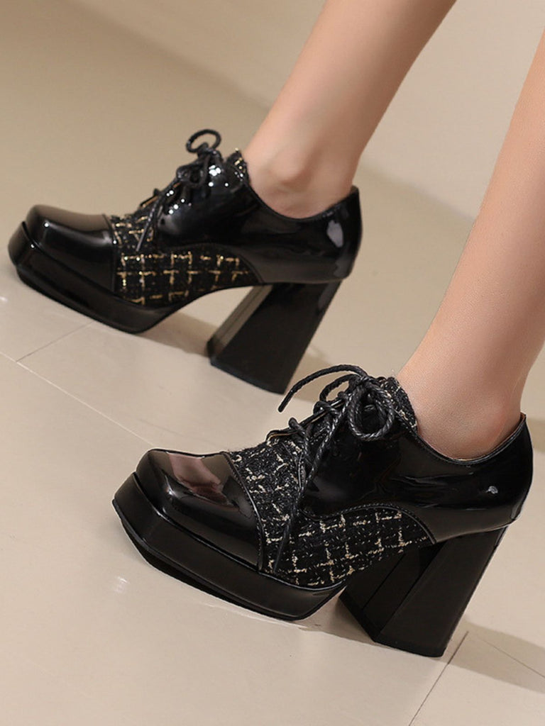 Mary Jane Kariert Quadratisch Zehen Block Absatz Schuhe