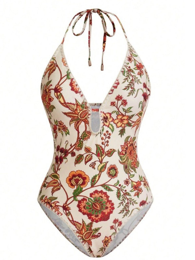 2PCS Beige 1960er Tief V-Ausschnitt Fransen Badeanzug & Cover-Up