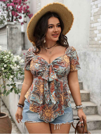[Übergröße] Multicolor 1970S Boho Sonnendruck Bogen-Front Top