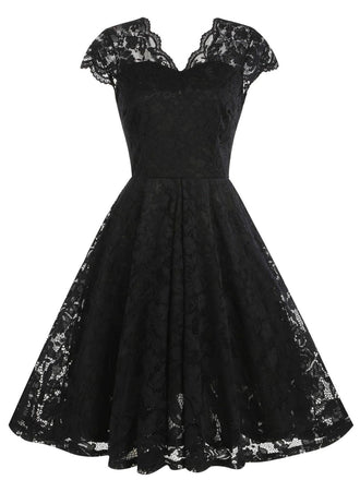 1950er Solide V-Ausschnitt Ärmellos Spitze Kleid