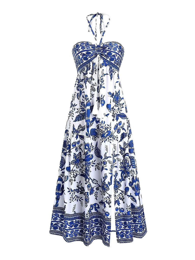 1970er Boho Halter Ethnisch Drucken Kleid