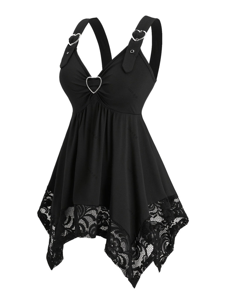 [Übergröße] Schwarz 1970er Solide Herz Taste Spitze Tunika Top