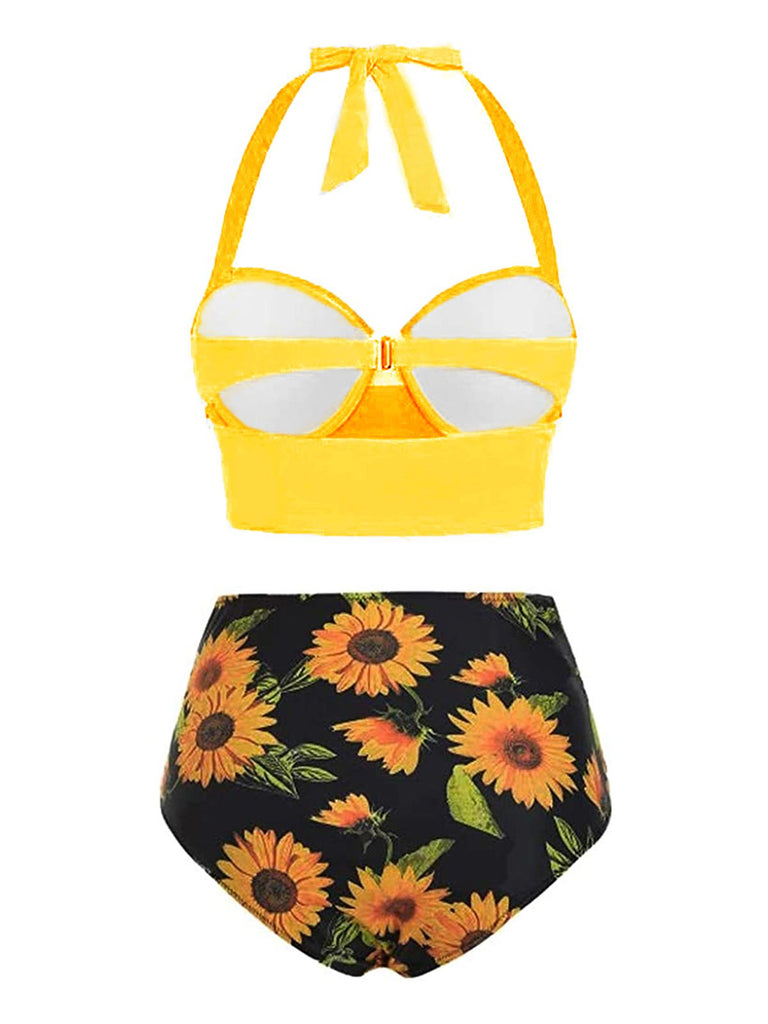 Schwarz 1950er Halter Sonnenblumen Gerafft Bikini Set