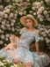 1950ER SPITZE SCHULTER RÜSCHEN BLUMEN KLEID