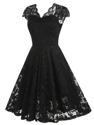 1950er Solide V-Ausschnitt Ärmellos Spitze Kleid