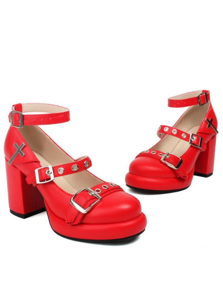 Punk Kreuzschnalle Knöchelriemen Chunky High Heels