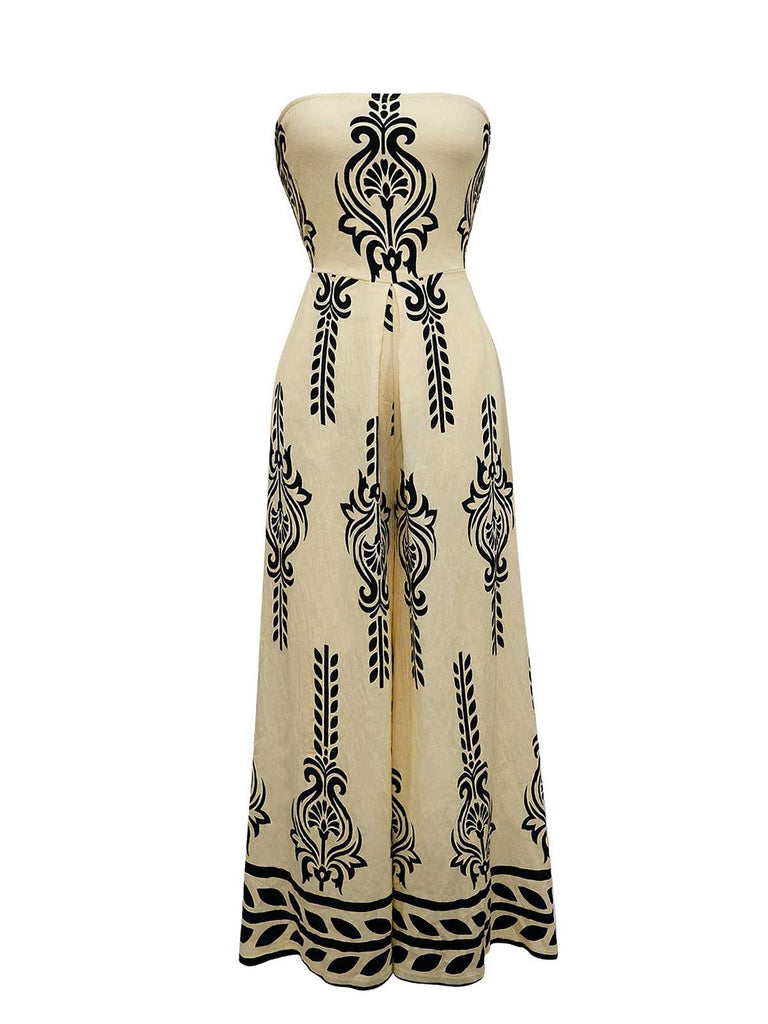 1970er Trägerlos Boho Stammes-Druck Weites Bein Jumpsuit