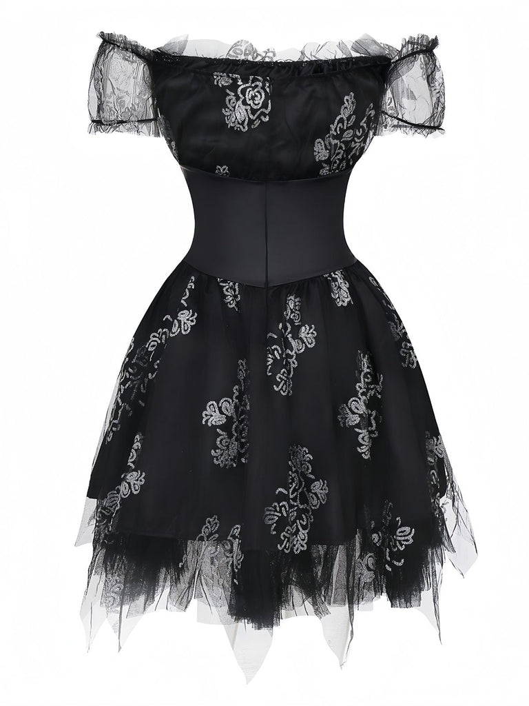 Schwarz 1970er Vampirbraut Schulterfrei Netz Kleid