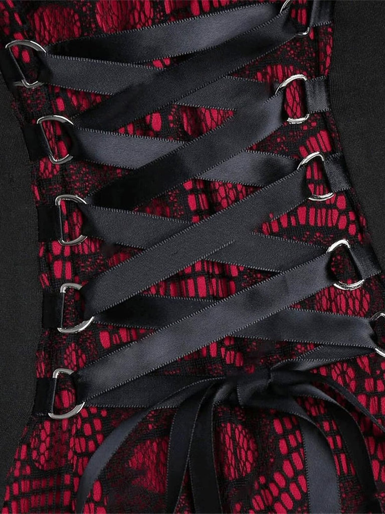 Weinrot & Schwarz 1940er Gothic Skelett Schädel Spitze Taste Kleid