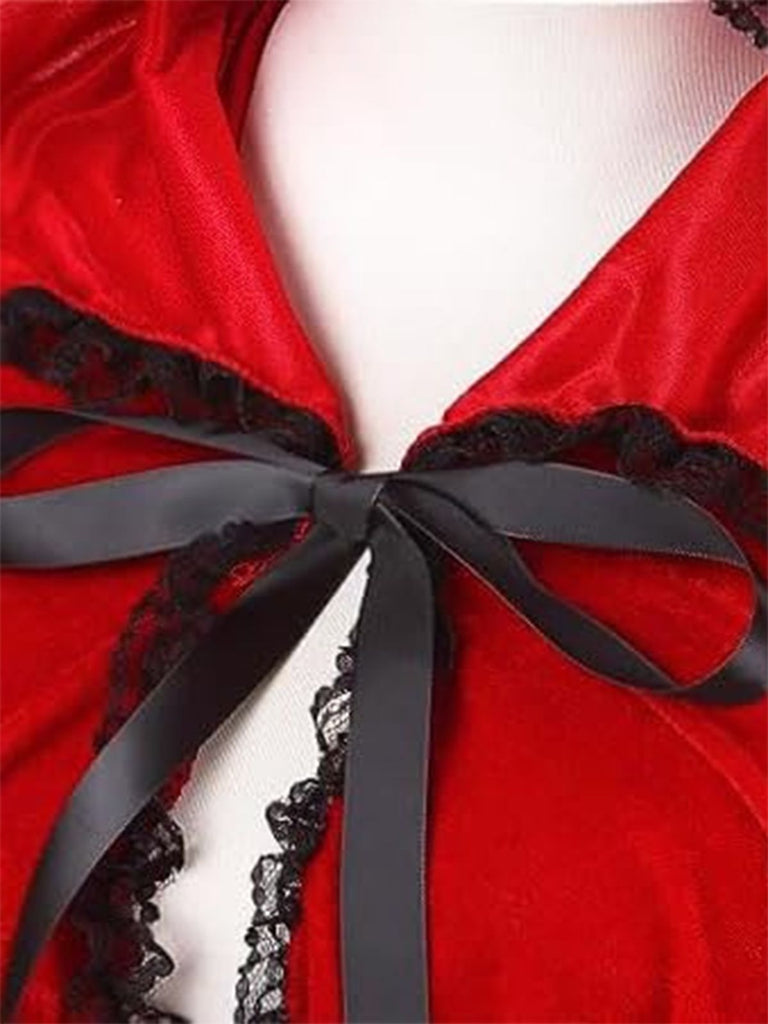 Rot 1950er Halloween Rotkäppchen Kostüm Spitzenbesatz Samt Umhang