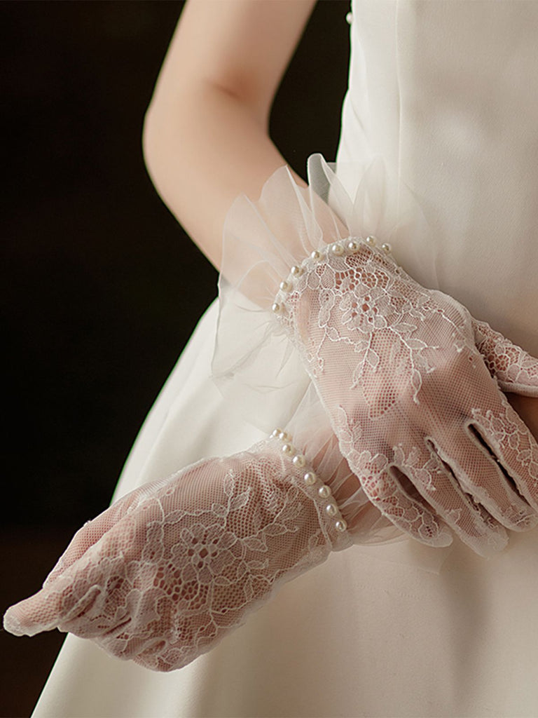 handschuhe mit spitze Perle Genähte Chiffon Spitze Handschuhe – retro stage-German
