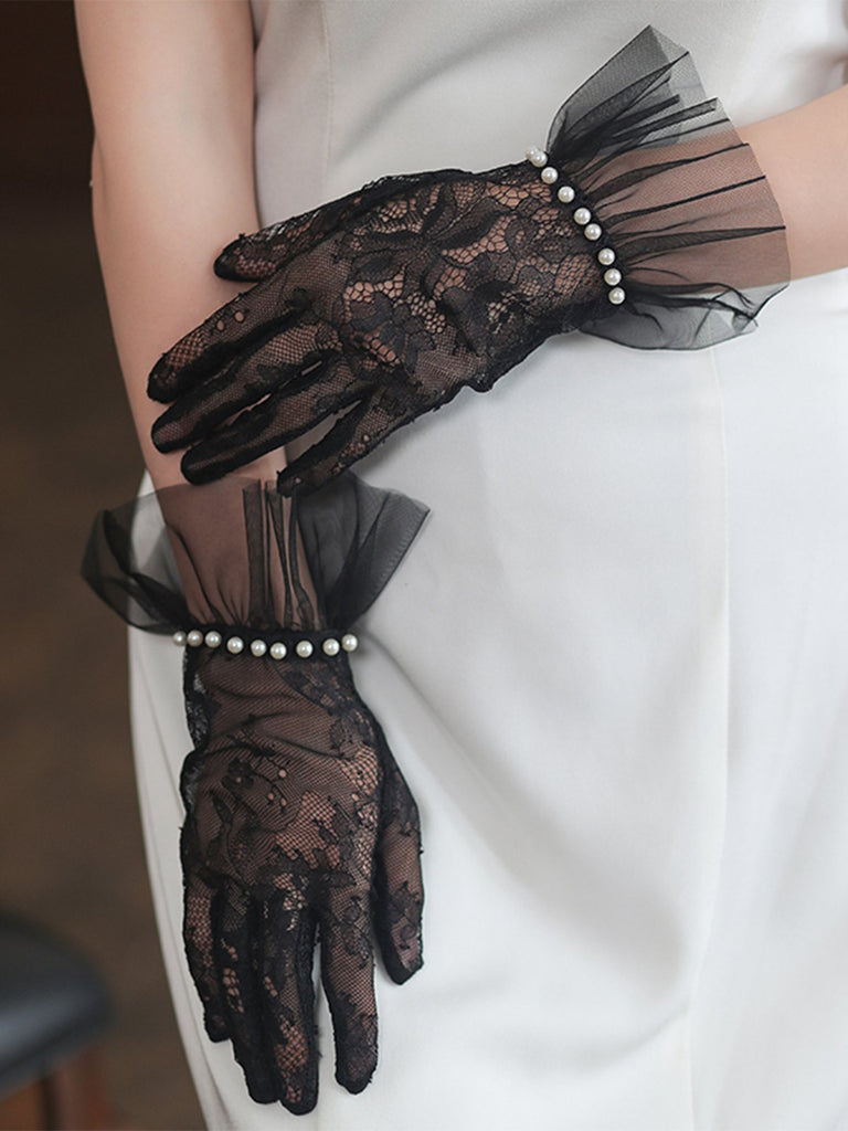 Perle Genähte Chiffon Spitze Handschuhe