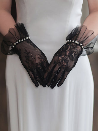 Schwarzes Perle Genähte Chiffon Spitze Handschuhe