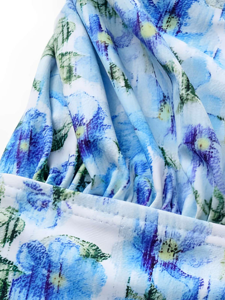 Blau 1930er Halter Blumen 3D-Rose Badeanzug