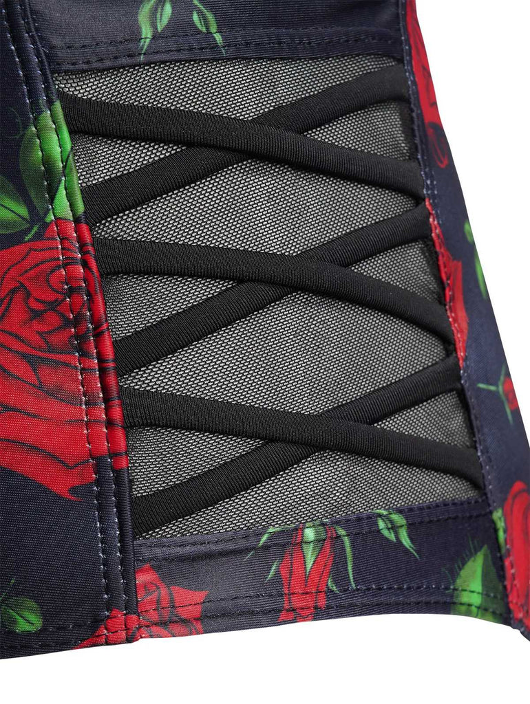 Schwarz 1980er Träger Roses Gothic Bikini Set