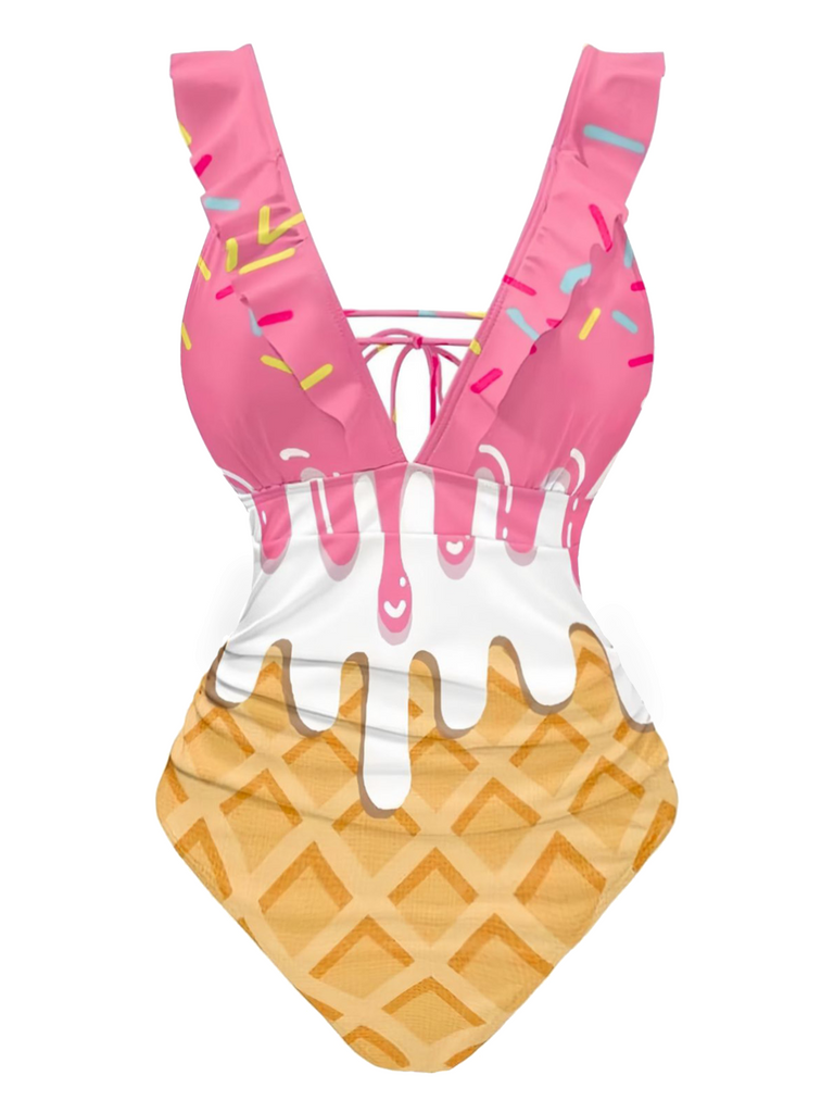 Rosa 1970er Rüschen Zurückbinden Eiscreme Badeanzug