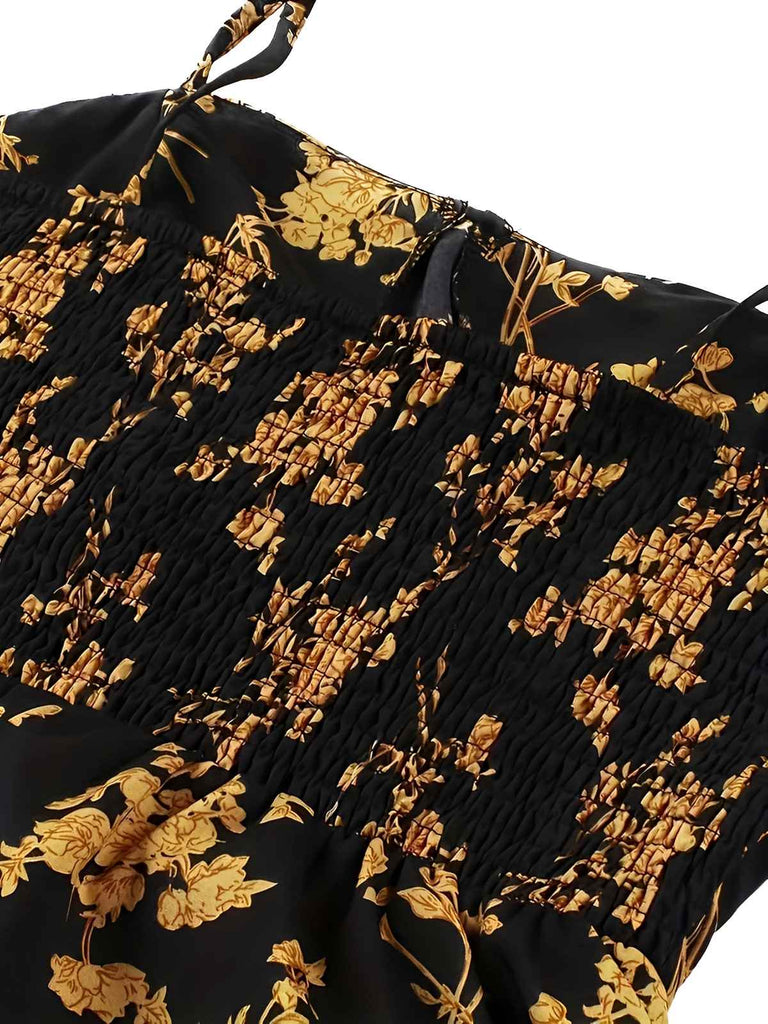 [Übergröße] Orange 1940er Kleine Blumen Spaghetti Träger Schnürung Kleid