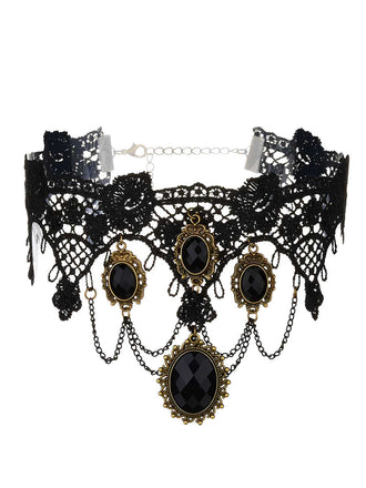 Schwarzes Vintage Spitze Kristall Gothic Schmuckset