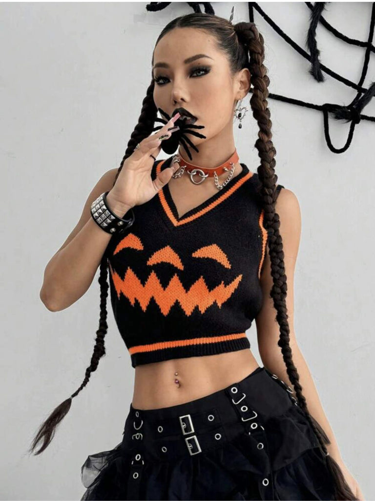 Schwarz 1970er Halloween Kürbis Gesicht Pullover Weste