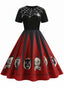 [Vorverkauf] Rot 1950er Halloween Spinnennetz Druck Patchwork Kleid