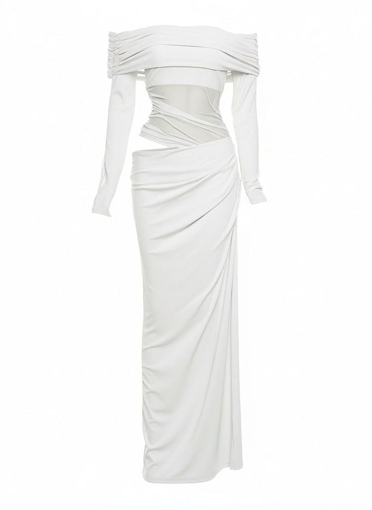 1980er Solide Schulterfrei Netz Cut-Out Durchsichtig Kleid