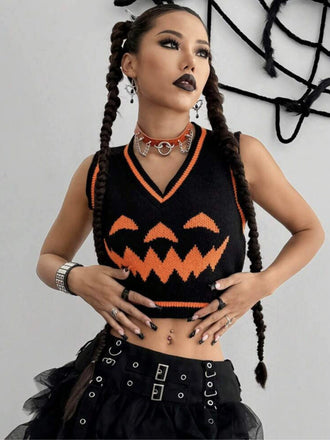 Schwarz 1970er Halloween Kürbis Gesicht Pullover Weste