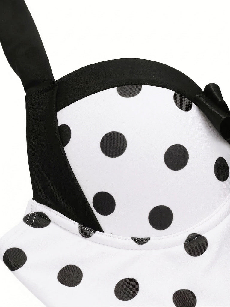 [Vorverkauf] Weiß 1940er Halter Polka Dots Schleife Einteiliger Badeanzug