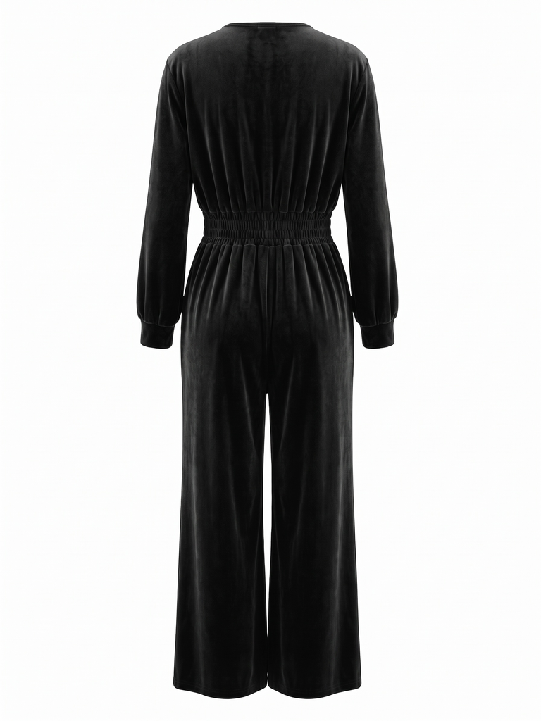 50er Samt-Jumpsuit mit V-Ausschnitt und Smok