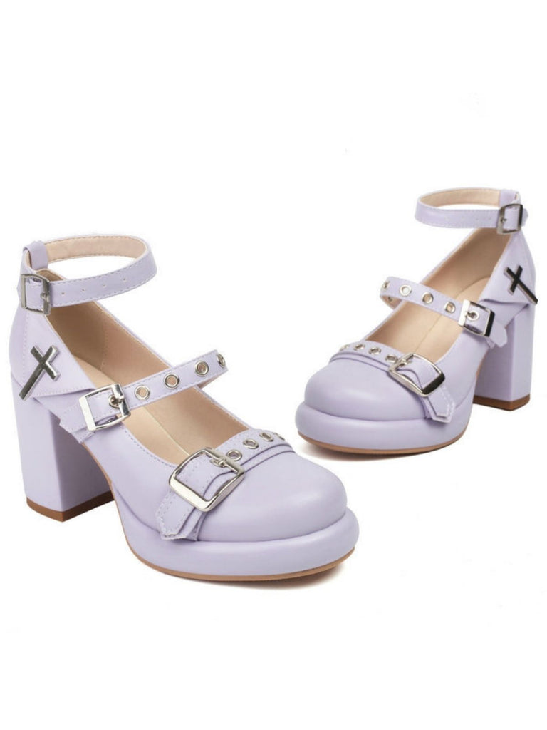 Punk Kreuzschnalle Knöchelriemen Chunky High Heels