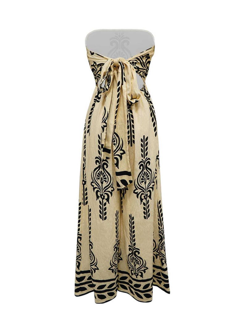 1970er Trägerlos Boho Stammes-Druck Weites Bein Jumpsuit