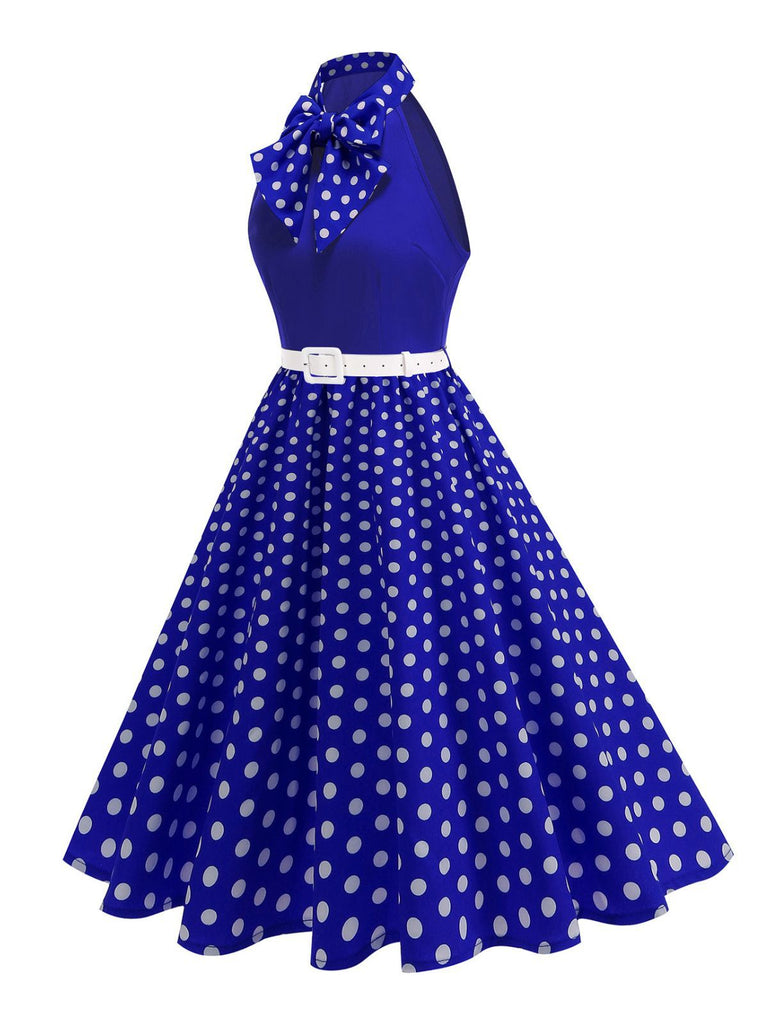1950er Bogen Binde-Hals Polka Punkte Gürtel Kleid