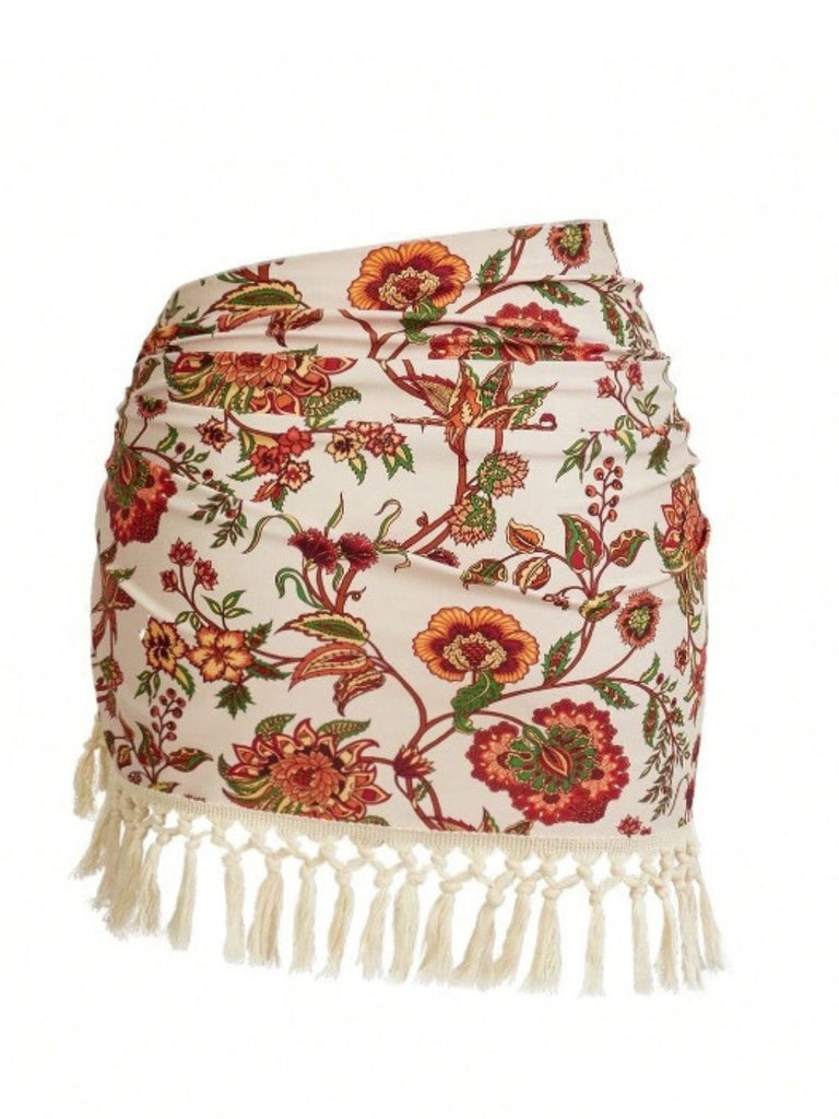 2PCS Beige 1960er Tief V-Ausschnitt Fransen Badeanzug & Cover-Up