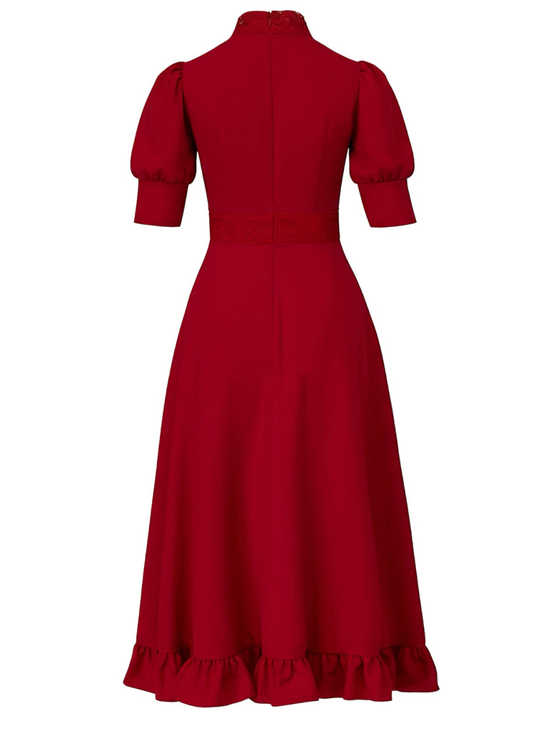 Rot 1940er X-Prequel Perle Spitze Rüschensaum Kleid