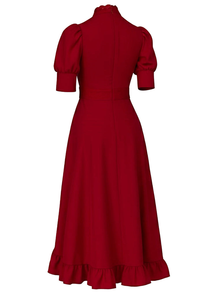 Rot 1940er X-Prequel Perle Spitze Rüschensaum Kleid