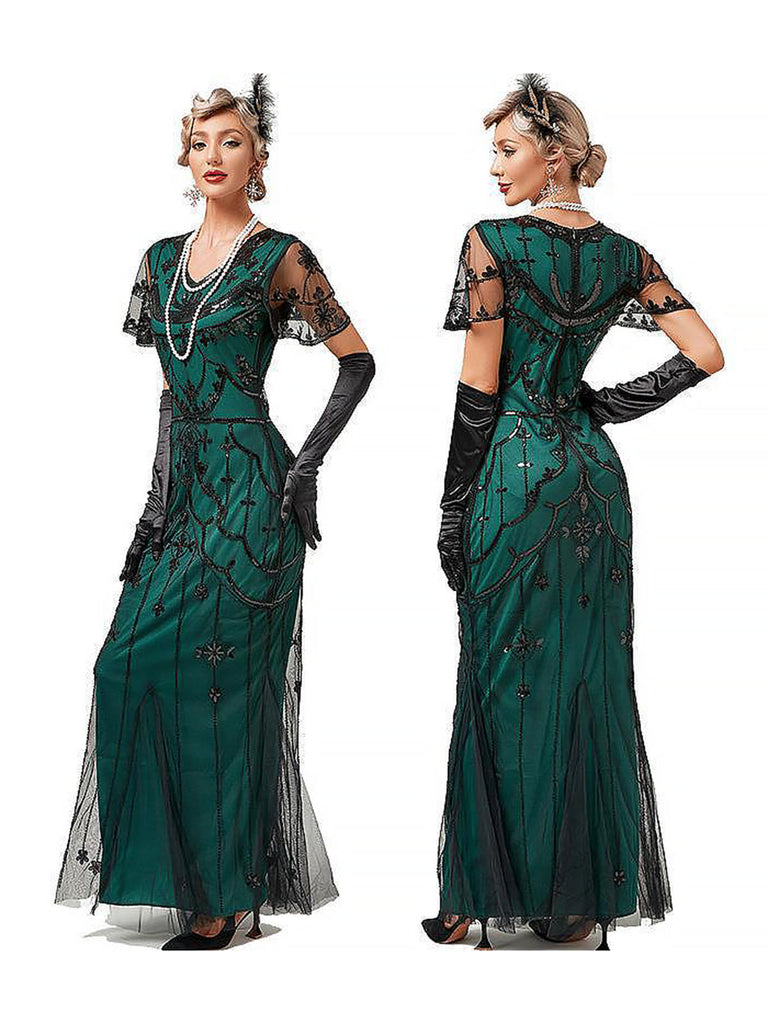 Schwarz 1920er Pailletten Maschen Abendkleid im Meerjungfrauen-Stil