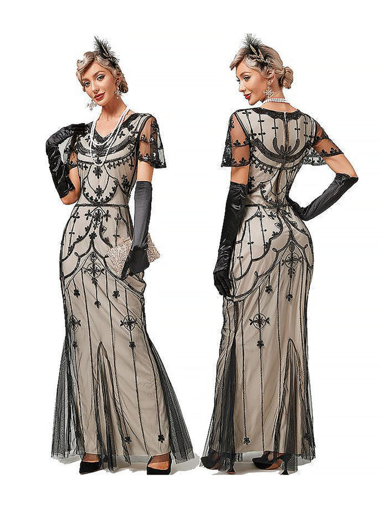 Schwarz 1920er Pailletten Maschen Abendkleid im Meerjungfrauen-Stil