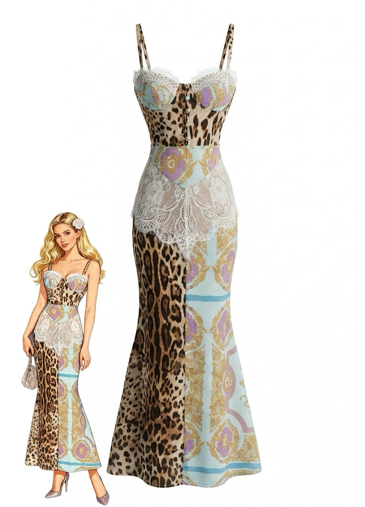 1930er Spaghetti Gurt Leopard Barock Drucken Spitze Kleid
