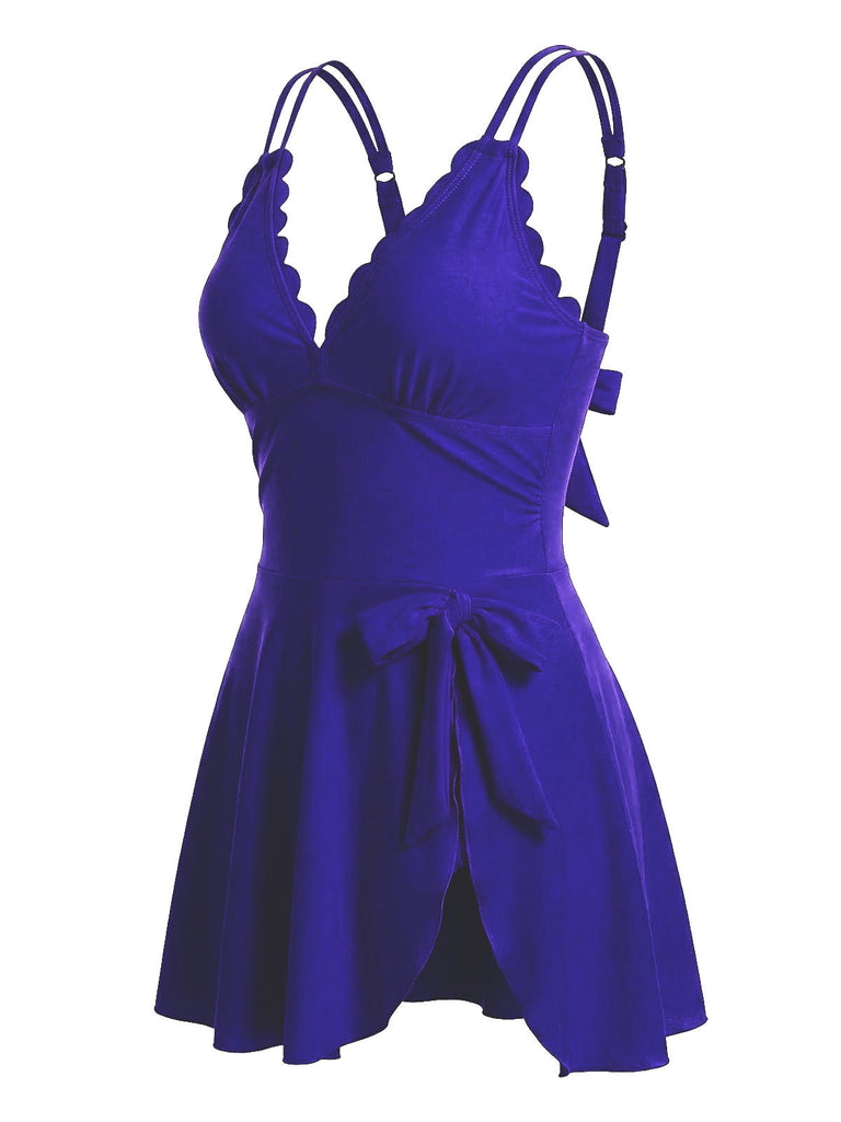 Spaghettiträger-Badekleid mit Schleife und Muschelsaum aus den 1930er Jahren – Vintage-Kleid, Retro-Mode