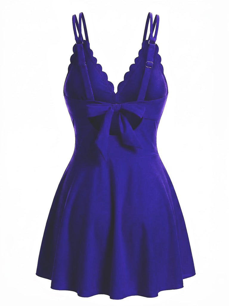 Spaghettiträger-Badekleid mit Schleife und Muschelsaum aus den 1930er Jahren – Vintage-Kleid, Retro-Mode