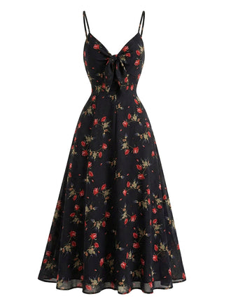 Schwarzes 30er Slip-Kleid mit Rosen und V-Ausschnitt