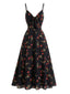 Schwarzes 30er Slip-Kleid mit Rosen und V-Ausschnitt