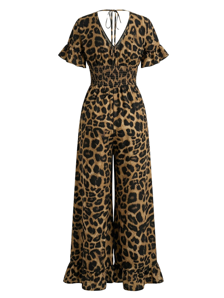 Brauner Leoparden-Jumpsuit aus den 1930er-Jahren mit Rüschen, V-Ausschnitt und Empire-Taille – Vintage-Jumpsuit, Retro-Mode
