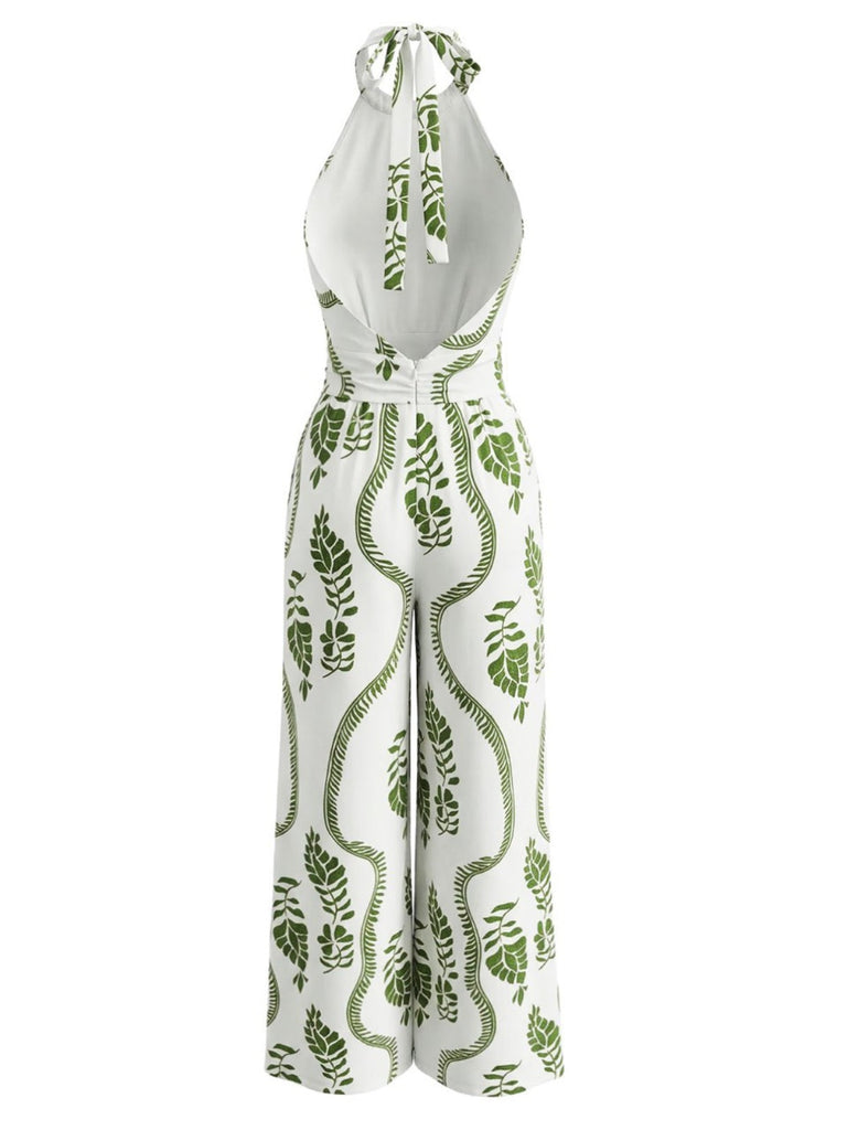 Grüner Jumpsuit im Stil der 1930er Jahre mit Blättermuster, Neckholder und tiefem V-Ausschnitt am Rücken
