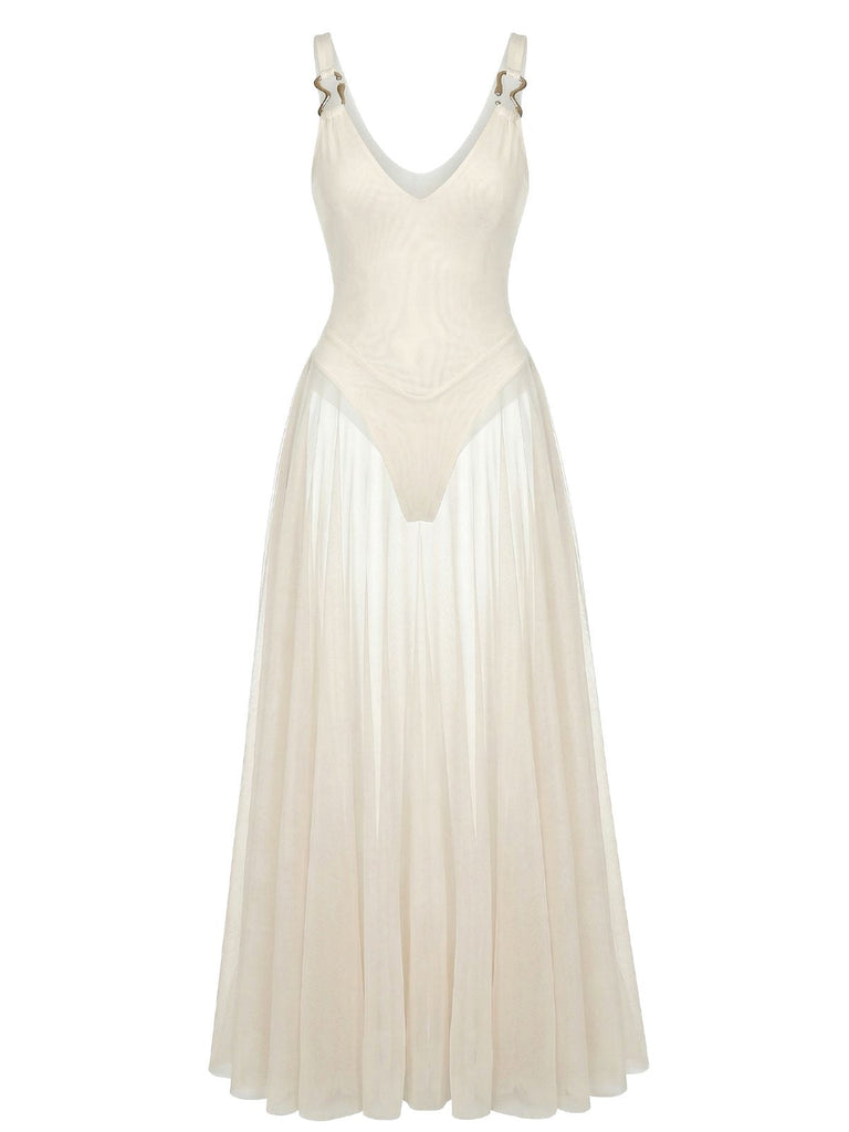 1930er V-Ausschnitt Riemchen Netz Fließend Maxi Kleid