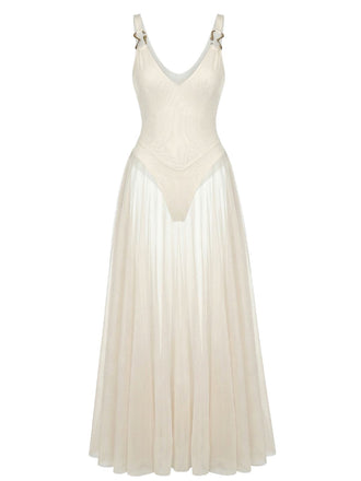 1930er V-Ausschnitt Riemchen Netz Fließend Maxi Kleid