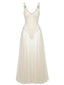 30er Maxikleid mit V-Ausschnitt, Riemchen und fließendem Netz-Design