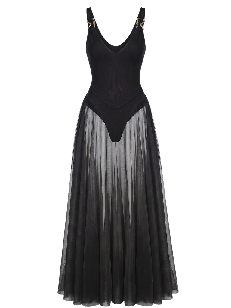 1930er V-Ausschnitt Riemchen Netz Fließend Maxi Kleid