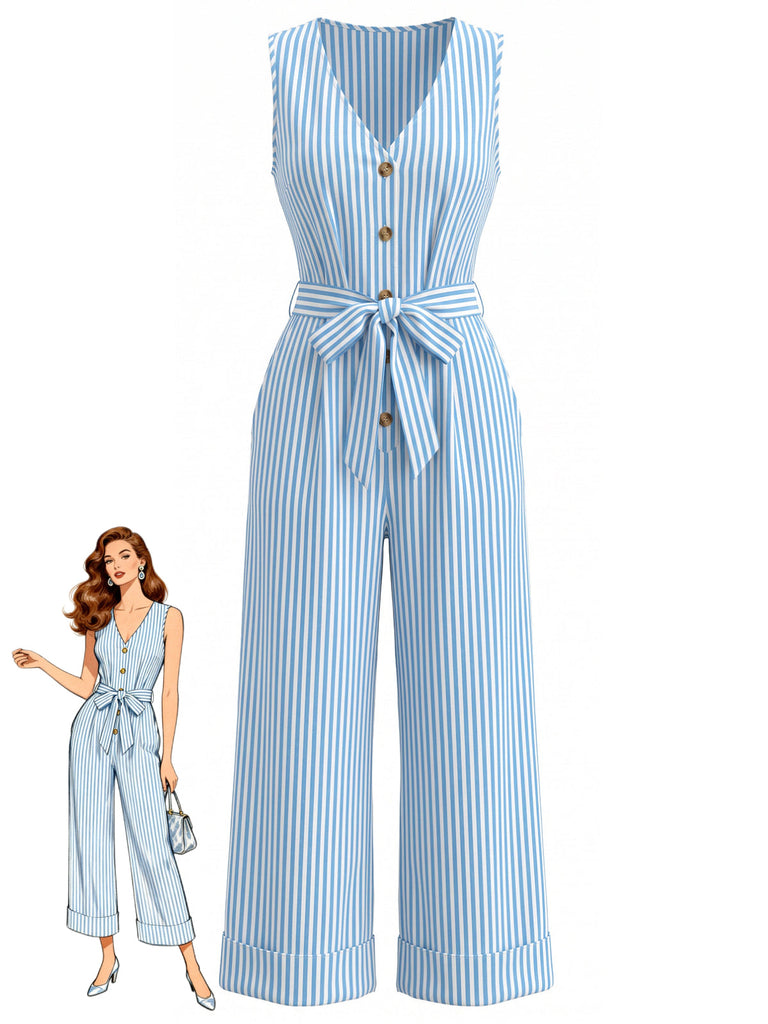 Blauer 30er Ärmelloses Jumpsuit mit V-Ausschnitt und Streifen