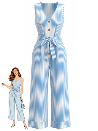 Blauer 30er Ärmelloses Jumpsuit mit V-Ausschnitt und Streifen